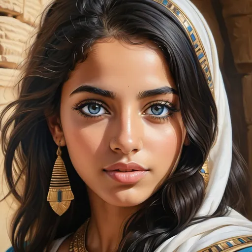 Prompt: Young Egyptian women, oil painting, hyper realistic, high details, symmetric, perfect eyes, perfect hair, beautiful, blue eyes, black hair, tan skin,