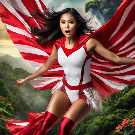 Prompt: RAW photo, athletic young Indonesian woman, 25 year old, (round face, high cheekbones, almond-shaped brown eyes, small delicate nose, long flowing black hair), tight red and white superhero costume, thigh-highs, flying, mid-air, dynamic pose, background exploding volcano, tropical forest, tropical flowers, masterpiece, intricate detail, hyper-realistic, photorealism, award–winning photograph, shot on Fujifilm XT3