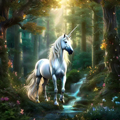 Prompt: Masterpiece, a fantasy scene featuring a majestic unicorn in a magical forest. The unicorn is incredibly detailed, with a beautiful mane and glowing horn. The forest is rendered with stunning realism, with intricate details on the trees and foliage. The overall feeling of the scene is one of wonder and enchantment