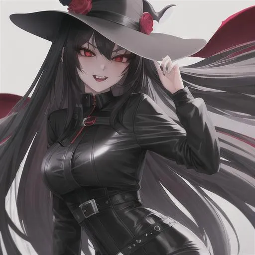Prompt: Vampire girl, long black hair, long teeth, black leather outfit, seductive, red eyes, stare, best quality, high quality, 64k, UHD, detailed, high res, masterpiece,