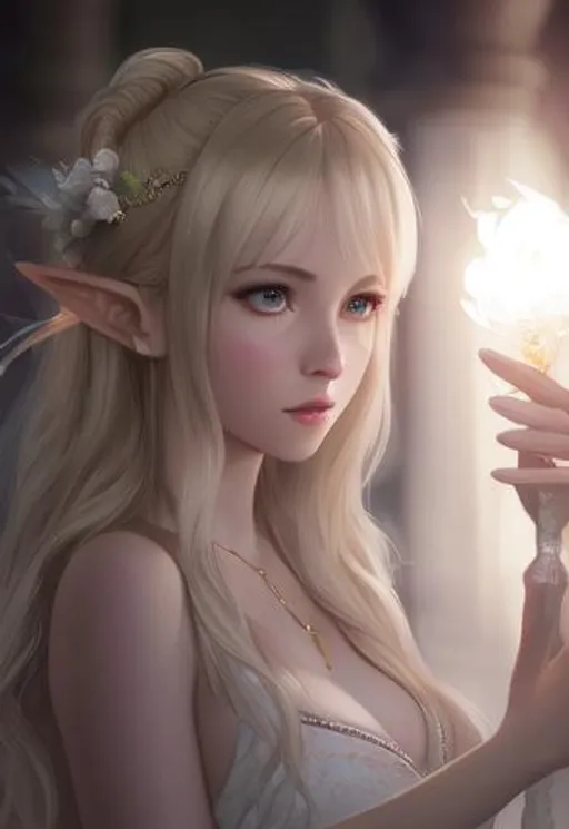 Prompt: Lunafreya Nox Fleuret, masterpiece,best quality,CG,wallpaper,HDR,high quality,high-definition,extremely detailed, perfect fingers, beautiful hands, Small cleavage, Elf, sharp chin, Wizard, A young and beautiful female elf holding a flame, mage aura, wearing White mage robe, golden iris, short white long hair, beautiful detailed face features, digital painting by WLOPP, greg rutkowski, JunYoung shin, CL, kim sung hwan, symmetrical facial features, accurate anatomy, sharp focus, smooth, hyper-detailed, hyper-realistic, fashion, subtractive lighting, 16k, full body)