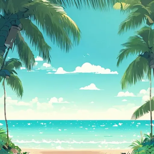 Prompt: make a beach background themed poster and make it cartoonish and minimalist. include horizon.
make it studio ghibli style.
include the sky, the sea, and the beach. add coconut trees on the side.