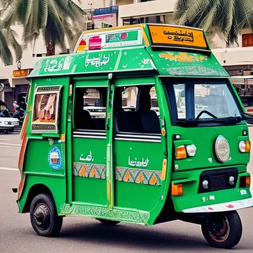 Prompt: An Pakistani auto rickshaw running on streets of dubai

