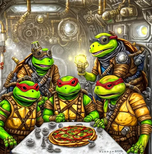 Prompt: steampunk TMNT robotic turtles eating pizza in a space station's sewers, sci - fi, detailed, beautiful composition, masterpiece, artstation, vibrant colors, psychedelic, beautiful, sharp focus