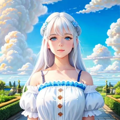 Prompt: full body picture of 1 girl, blue eyes, beautiful eyes, detail, white hair, kawaii face, cute, olive skin, correct anatomy, cumulonimbus clouds, lighting, detailed sky, garden, pastel mix, orange model mix, stable diffusion, pastel mix, Lora, add face details, eyelashes, oil painting, masterpiece, Dynamic range photo, UHD quality, true color, vivid display, Real Renaissance art, oil painting, HDR, 64K pixels, Super AMOLED display, High Contrast, Lord of the rings, Game of Thrones, golden light, angel, details on face, details on background, ultrarealistic fantasy background, 