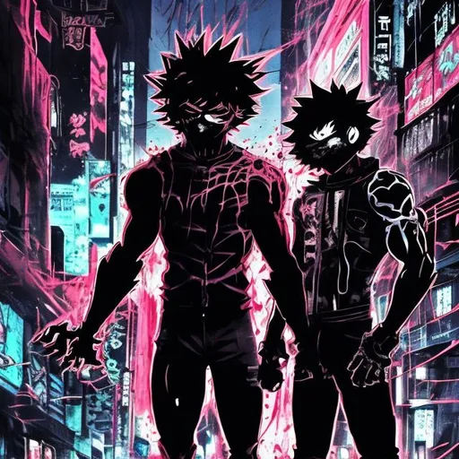 Prompt: Black and neon. Accurate muscular masked vigilante deku villain versus bakugo. Blood spatters. Very Dark image with lots of shadows. Background partially destroyed neo Tokyo. Noir anime. Gritty. Dirty. Evil eyes