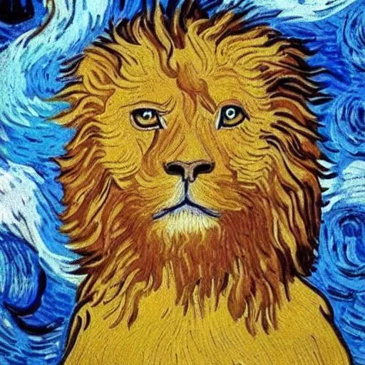 Prompt: majestic blonde lion with wind blowing through his fur van gogh