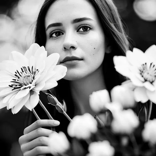 Prompt: woman holding flowers, black and white, high detail, photograph, focus, hyper realistic photograph, cinematic 4k epic detailed photograph shot on kodak detailed bokeh cinematic 