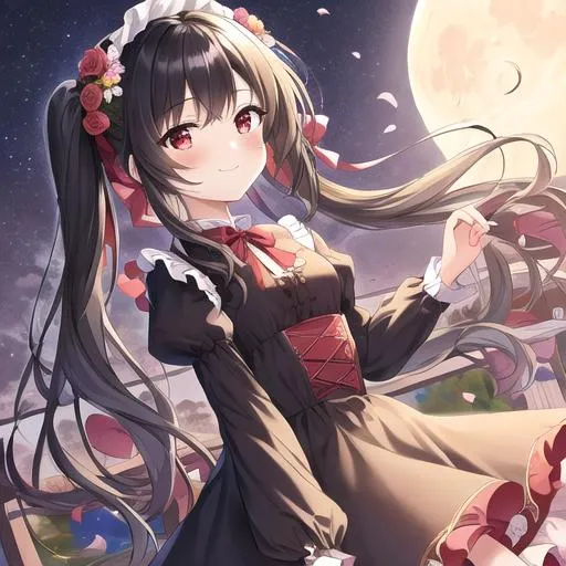 Prompt: (masterpiece, best quality:1.2), illustration, absurdres, highres, extremely detailed, 1 girl, black long hair, pigtail, red eyes, eye highlights, look happy, dress, short puffy sleeves, frills, outdoors, flower, fluttering petals, upper body, (moon:1.2), night, depth of field, (:d:0.8), chromatic aberration abuse,pastel color, Depth of field,garden of the sun,shiny,red tint,(purple fog:1.3)