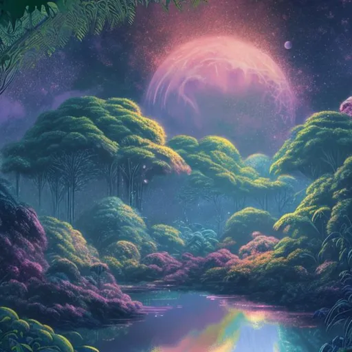 Prompt: a rain forest on a planet in distant galaxy with a moon exploding in background in pastel in naturislm style