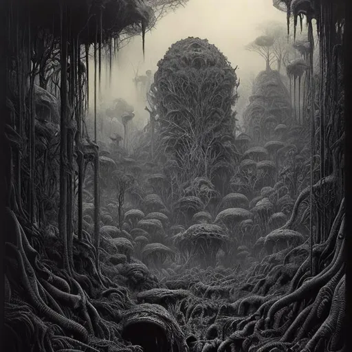 Prompt: monochrome, H.R. Geiger, beksinski, alien jungle, dense, hellish, monsters, trees, lava