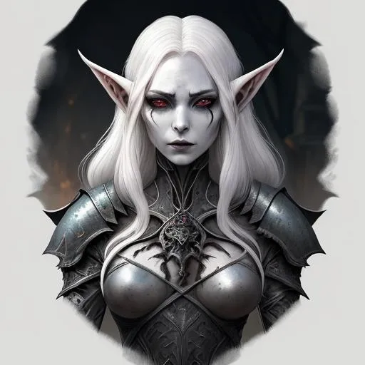 Prompt: Character illustration of a sinister female elf revenant looking for vengeance. She has a beautiful face ruined by death. Her features are gaunt and sunken with hollow cheeks. She looks starved. She is pale and pallid with a deathly pallor. Her hair is white. Her ornate heavy armour is silver but looks ancient and weathered, rusted in places. She looks mysterious and sinister surrounded by shadows, gloom, and ghosts. Fantasy art with a gothic horror style. Ultra high definition image. HD. Professional art. 