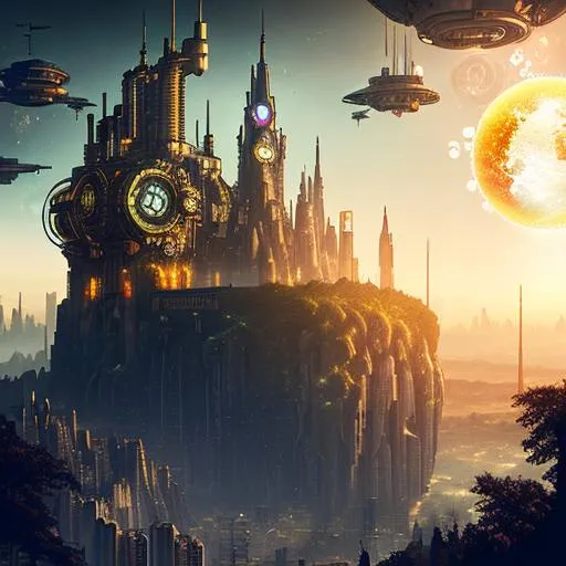 Prompt: cyberpunk, steampunk, solarpunk, hd, hdr, castle, wind, sun, forest, city, future, space, bubble city, ark halo, cosmos