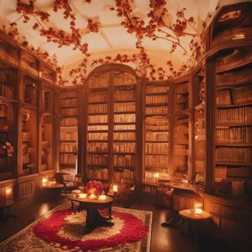 Prompt: A candle lit library with flowers on the walls