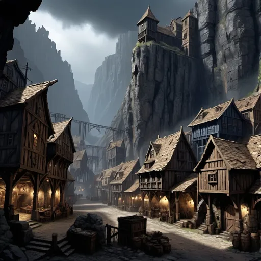 Prompt: Warhammer fantasy RPG town nestled in a deep gorge, omnious sky, dark night, raining, eerie atmosphere, various buildings, mining town, rugged and weathered stone buildings, sprawling marketplace bustling with activity, towering cliffs on either side, dramatic lighting with harsh shadows, gritty and realistic, earthy tones, highres, detailed architecture, bustling marketplace, dramatic lighting, rugged stone buildings, fantasy RPG, gorge setting, sprawling town, weathered structures, dark blue tones