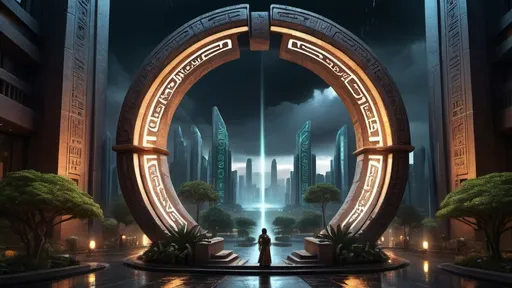 Prompt: magical portal between cities realms worlds kingdoms, circular portal, ring standing on edge, upright ring, freestanding ring, hieroglyphs on ring, complete ring, ancient aztec architecture, zigurat, gardens, hotels, office buildings, shopping malls, large wide-open city plaza, panoramic view, dark night, rain, futuristic cyberpunk tech-noir setting, elevated view