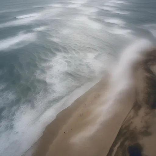 Prompt: A eyebird view of a sea storm in a beach. photojournalism. Realistic photography. 