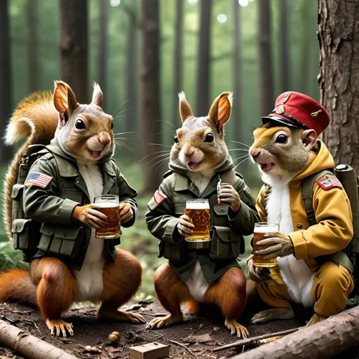 Prompt: photorealism high quality photo a squirrel, rabbit and a monkey in the woods wearing military combat gear and weapons drinking some beers, the rabbit is smoking