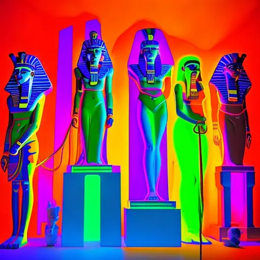 Prompt: neon color pop art Egyptian statues 