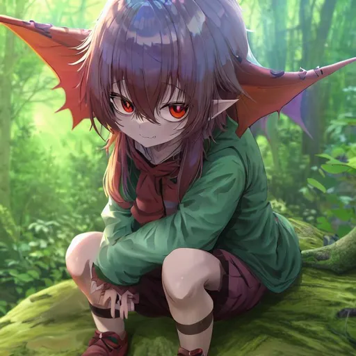 Prompt: A Goblin child dressed in raggy clothes, sitting in the woods behind a house, looking at bugs. Anime photo