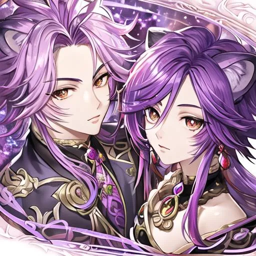 Prompt: anime portrait of a cute lion boy, anime eyes, beautiful intricate purple hair, shimmer in the air, symmetrical, in genshin impact style, concept art, digital painting, looking into camera, square image