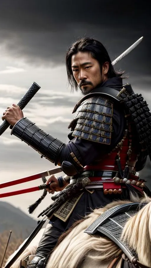 Prompt: Young Hiroyuki Sanada as a Samurai Photorealistic Overdetailed Portrait, Well Detailed face, Black and Dark grey Robes and Armor, Black hair, Detailed Hands, Detailed Twilight Background, Intricately Detailed, Award Winning, Photograph, Film Quality.