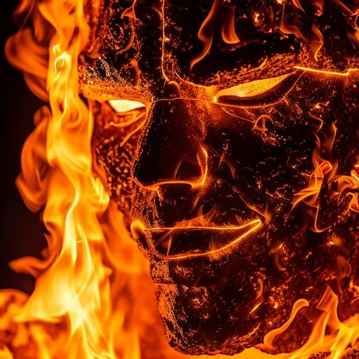 Prompt: Realistic photo of Fire golem face centered in frame in full hd, ultra realistic, highly detailed, 8k. Soft lighting 