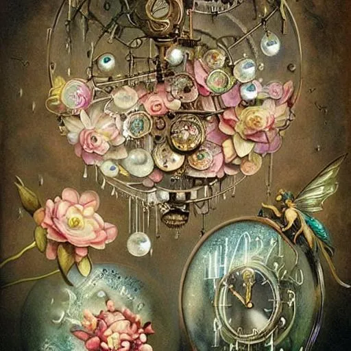 Prompt: realistic painted still life beautiful flowers by ambrosius bosschaet!!!!!, floating in the sky, cracked clock floating in sky, clock faces, iridescent water drops, crystal chandelier drops, glitter sparkles, symmetrical steampunk face, daniel merriam art, steampunk, muted colors, fairy wings, nicoletta ceccoli, daniel merriam art, jennifer healey art, fantasy art, renaissance gown, hyper realistic flower bouquet painting,  soft shadows, stunning, dreamy, elegant, perfect face, sparkles, Beautiful goddess, Haute Couture, princess dress, joseph karl steiler art, architecture illustrations 1800s, garden of roses and peonies background, ultra detailed, soft lighting, infinite depth, incredibly detailed, ultra realistic, high index of refraction, hyper realistic elegant smooth sharp clear edges, sharp focus, wide angle perspective, ultra realistic, sense of high spirits, volumetric lighting, occlusion, Unreal Engine 5 128K UHD Octane, fractal, pi, fBm