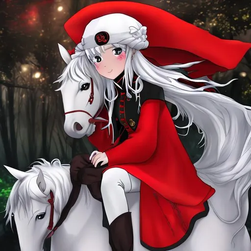 an anime young girl in the redhat and redcoat sits o...