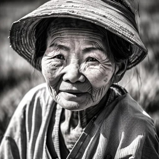 Prompt: A Black and White close-up of  a chinese lady who is working on a rice plantation.

She is in her 70s, has some wrinkels, and she is carrying a basket. 

weathered and dirty. staring into the distance. candid image.

Ultra High detailed.