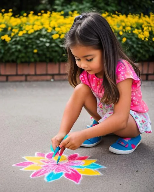 Prompt: A young girl drawing a vibrant chalk art flower garden on a sidewalk. Bold pops of color swirl around her. Low perspective, shot up close with a 50mm lens. Creative, whimsical mood.