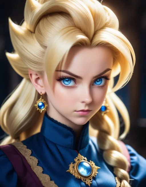 Prompt: Blonde woman with blue eyes, frowning, wearing Victorian outfit, solo, super saiyan, detailed earrings, intense gaze, dragon ball super style, cool tones, anime, detailed hair, highres, ultra-detailed, Victorian, super saiyan, detailed eyes, professional, atmospheric lighting