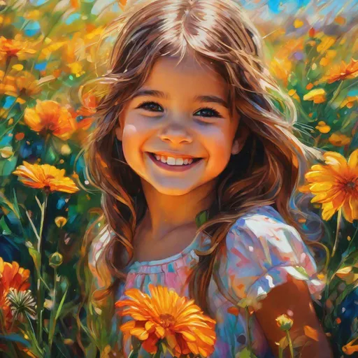 Prompt: A close up portrait of a A cheerful little girl picking flowers in a field on a warm sunny day , by Callie Fink and SIYA OUM, vibrant  colors , liquid ink, aesthetic, centered, 16k resolution , HQ , hyper detailed, intricate artwork, centered,  perspective ,16k, insanely detailed and intricate, hyper realistic, trending on cgsociet