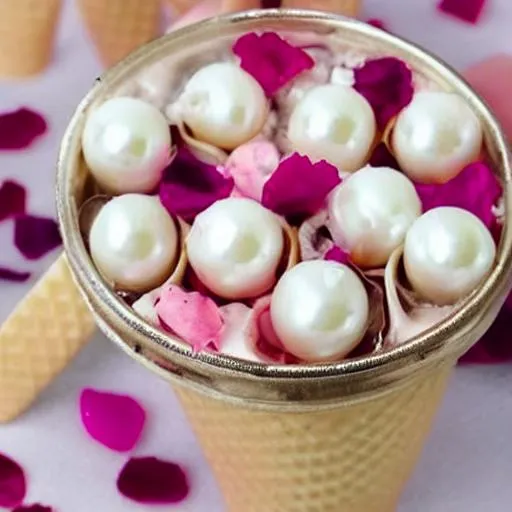 Prompt: ice cream with pearls and petals on it.