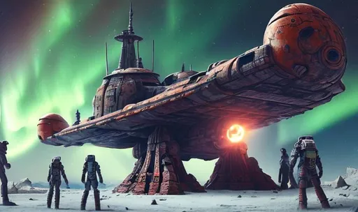 Prompt: broken ancient huge old rusty spaceship getting discovered by space men and robots red blue aurora many colours  enhance detail symmetrical ship 