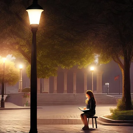 Prompt: A girl studying under lamp post