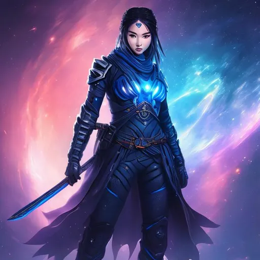 Prompt: create photograph of beautiful female ninja who is wearing bright blue futuristic ninja robes,  night time and beautiful sky  space and planets an nebulae in sky highly detailed, detailed face, extremely detailed environment, extremely detailed background, extremely detailed skin, extremely detailed clothing, natural colors , professionally color graded, photorealism, 8k, realistic, moody lighting, galactic environment, volumetric lighting