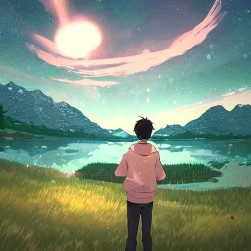 Prompt: a boy turning his back to the screen, 18 years old, handsome, smiling, under aurora lights, art by Makoto Shinkai, in the lake area, full body, peaceful and romantic, short hair, pink hair