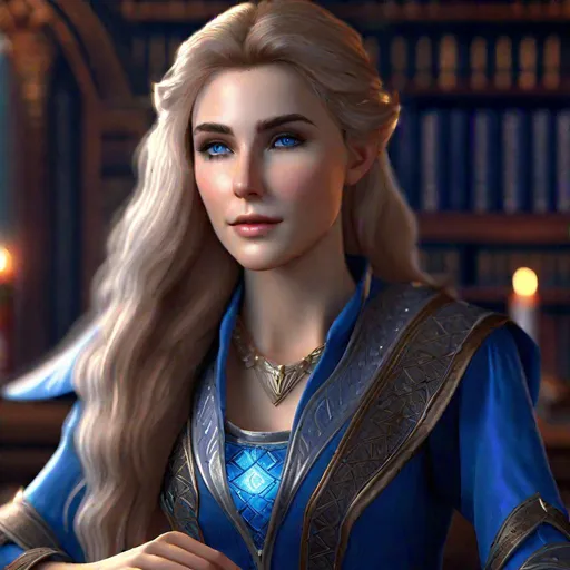 Prompt: D&D half-elf female wizard in a study, highly detailed, professional, render, Sharp focus, HD, UHD, HDR, hyper realistic , blue colored clothing