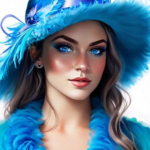 Prompt:  Girl with blue eyes wearing a blue feather boa, and a hat, closeup