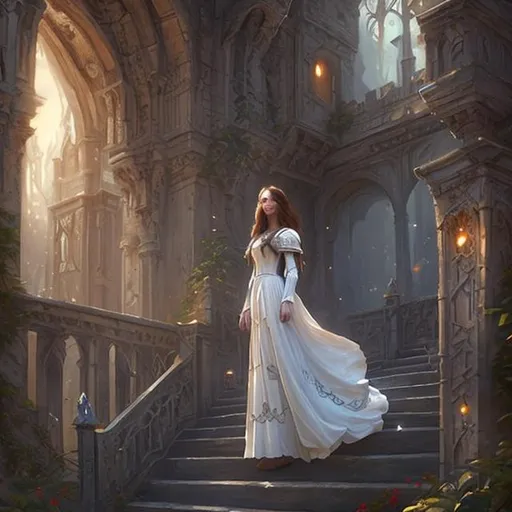 Prompt: beautiful woman, Medieval, long white dress, brown hair,  on steps, haunted tower. style of Alayna Lemmer