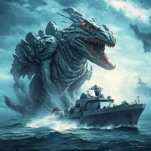 Prompt: warship fighting monster in the ocean