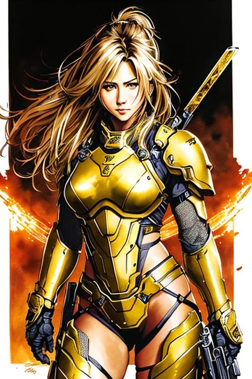 Prompt: (((Yoji Shinkawa))), sticker of ultra detailed portrait of Jennifer Aniston in gold armour, full body, high quality cell shaded illustration in post apocalyptic style by Yoji Shinkawa, ((full body)), dynamic pose, perfect anatomy, centered, freedom, soul, long hair, approach to perfection, cell shading, 4k , cinematic dramatic atmosphere, watercolor painting, global illumination, detailed and intricate environment, artstation, concept art, fluid and sharp focus, volumetric lighting, cinematic lighting, Art by Yoji Shinkawa,
