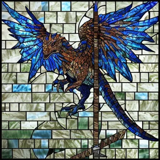 Prompt: blue wings anime fantasy dinosaur stained glass mosaic sword 