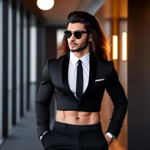 Prompt: a gorgeous 4k hdr photo of an attractive extremely long-haired 22-years old man with a six pack abs and sunglasses wearing a crop top black long sleeve business suit with a black necktie and black business suit pants, he also has a bare midriff and a bare navel, sideview, sore abs, he has one of his hands on his hips, he is looking around determined, (gradient dark background), ((highly detailed)), ((high quality)), ((vibrant colors))