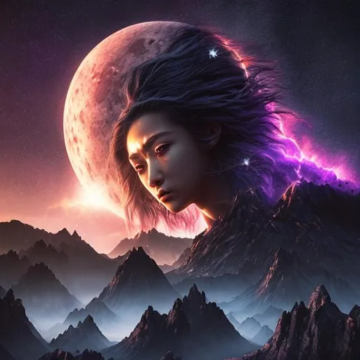 Prompt: (extremely detailed) (hyper realistic) (sharp detailed) (cinematic shot) (masterpiece)female god, centered, moonlight, pulsar explosion,extraordinary shot, night sky, mountains, river, stars, nebula ,clouds, stunning beauty, 3D illustration, high resolution, reflactions.
