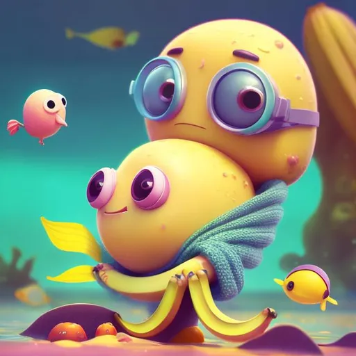 Prompt: tiny cute banana wearing a scarf  in the sea . 3d pixar blender, pop surrealism, modular constructivism, polycount, soft pastel colours, skottie young
