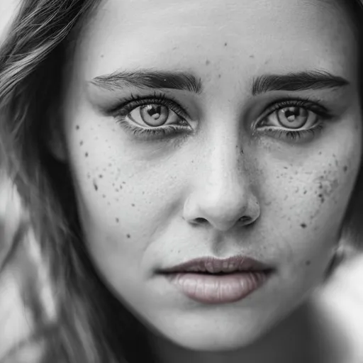 Prompt: Womans face in black and white portrait but her eyes in color close up shot