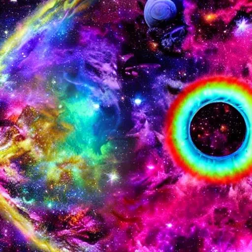 Prompt: cosmic portal, vivid galaxy, nature in space, rainbow, tree in space, fantasy art, bright colors