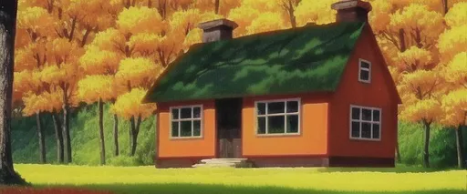 Prompt: Old orange house in autumn forest at noon, DVD Screengrab from Walt Disney Animation Studios 1991 movie
